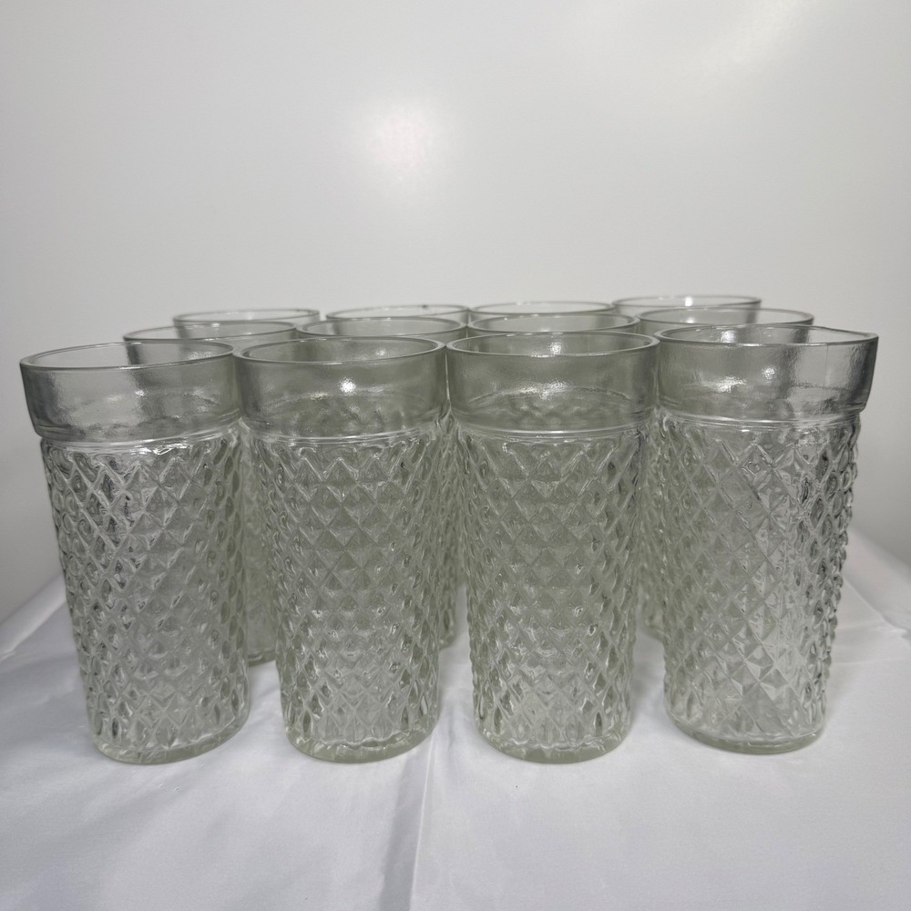 Vintage Clear Diamond Quilted Glass Tumblers Set of 12 Starburst Base